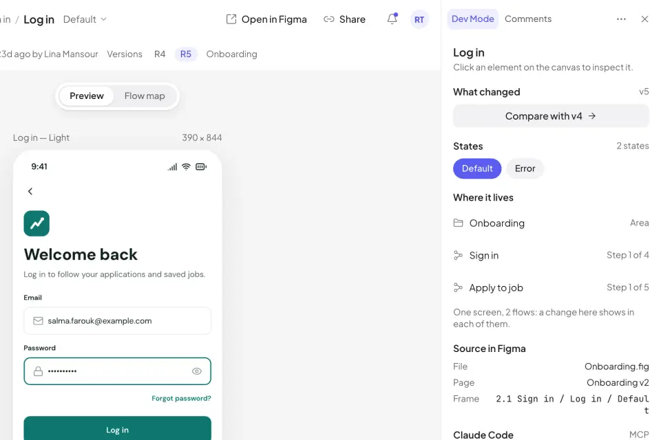The Log in screen in Release 5: the screen on the canvas, and beside it where it lives (the Onboarding area, step 1 of Sign in and of Apply to job), its source in Figma (file, page, frame) and its history across releases.