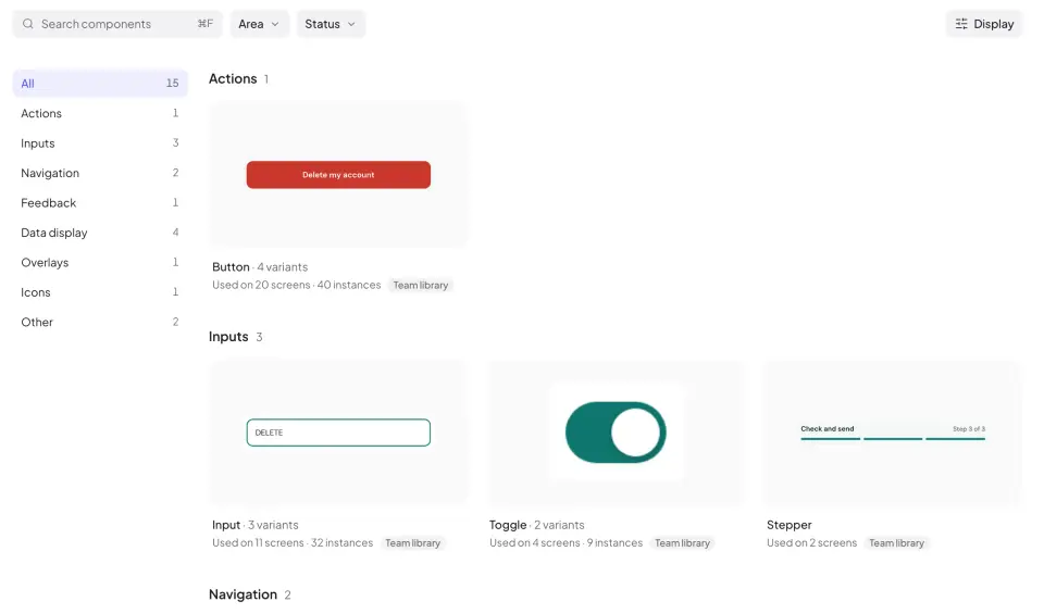 UI Elements: every component in the product by category, with its variants and how many screens use it — Button used on 20 screens, Input on 11, Toggle on 4.